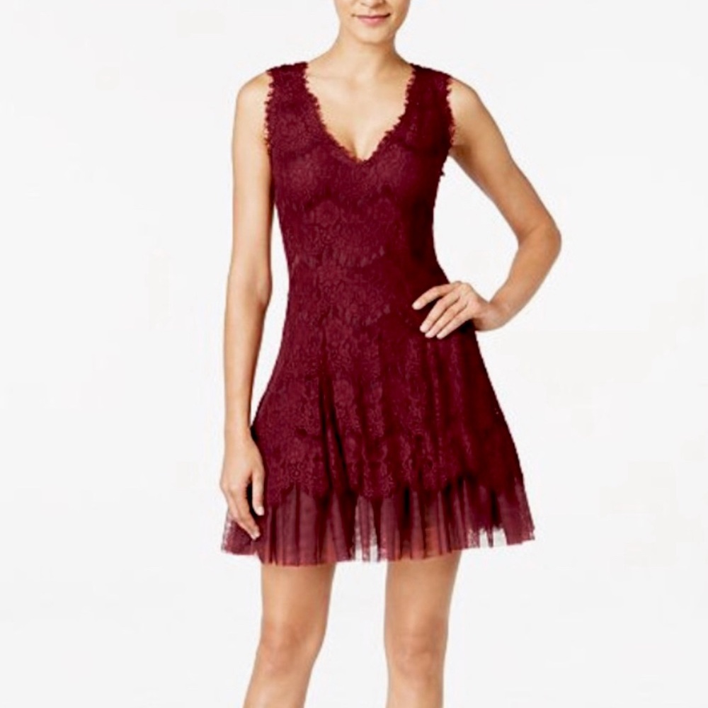 Betsy & Adam maroon lace tulle mini dress